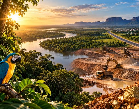 Arara-canindé em galho, com floresta e rio ao fundo